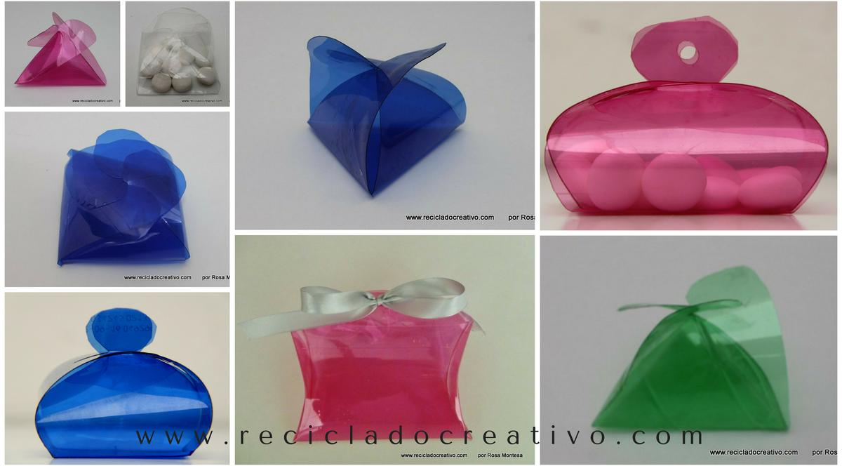Cajas de regalo, bomboneras y dulceros realizados con botellas de plástico. Reciclado, reciclaje, recycling