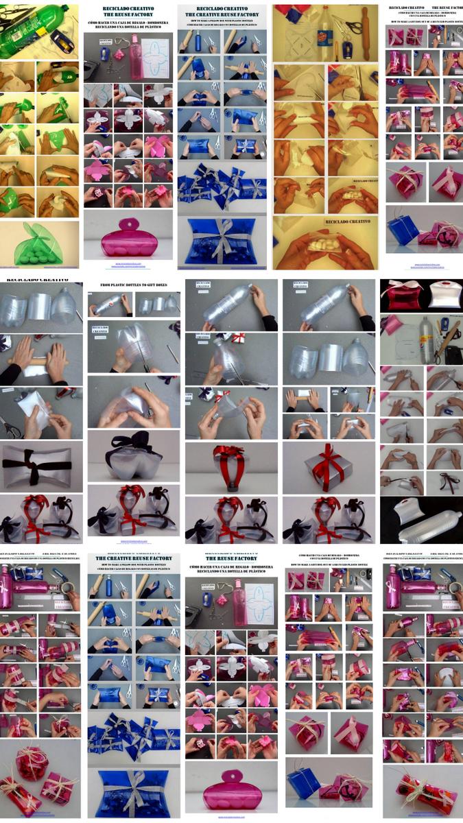 Cajas de regalo, bomboneras y dulceros realizados con botellas de plástico. Reciclado, reciclaje, recycling