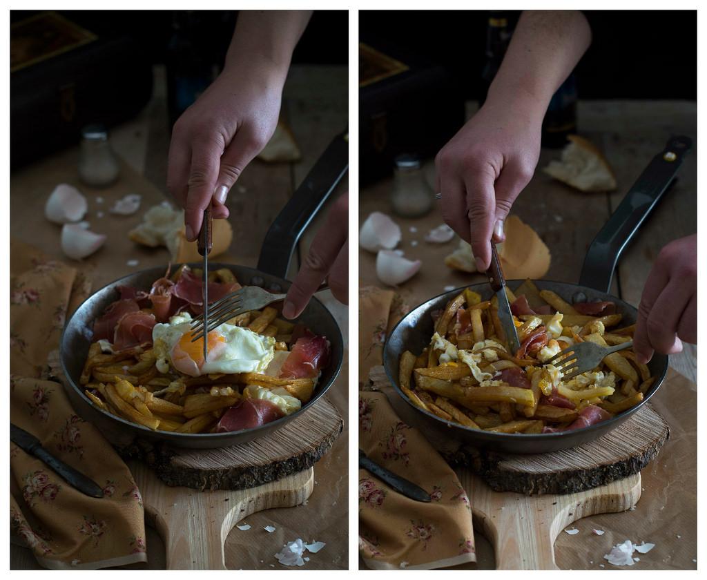 Huevos rotos con patatas fritas y jamón serrano Cocina