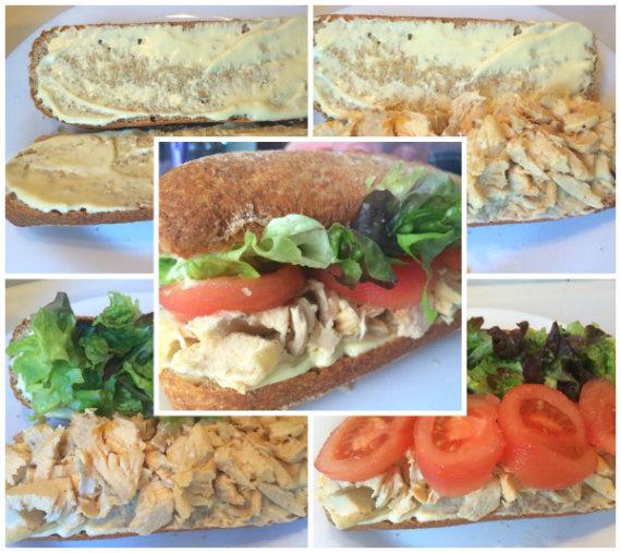 Montaje de bocadillo de retales de pollo asado