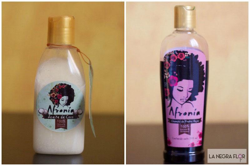 Aceite de coco y champú de frutos rojos de Afronia.