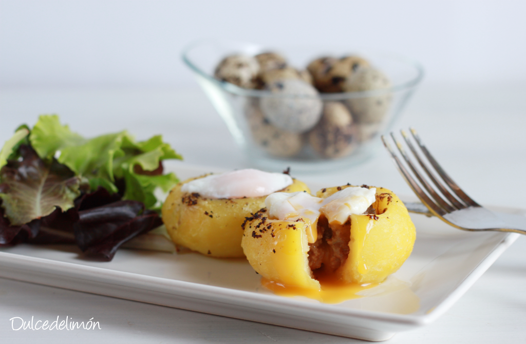Patatas Rellenas de Carne con Huevo de Codorniz Poché