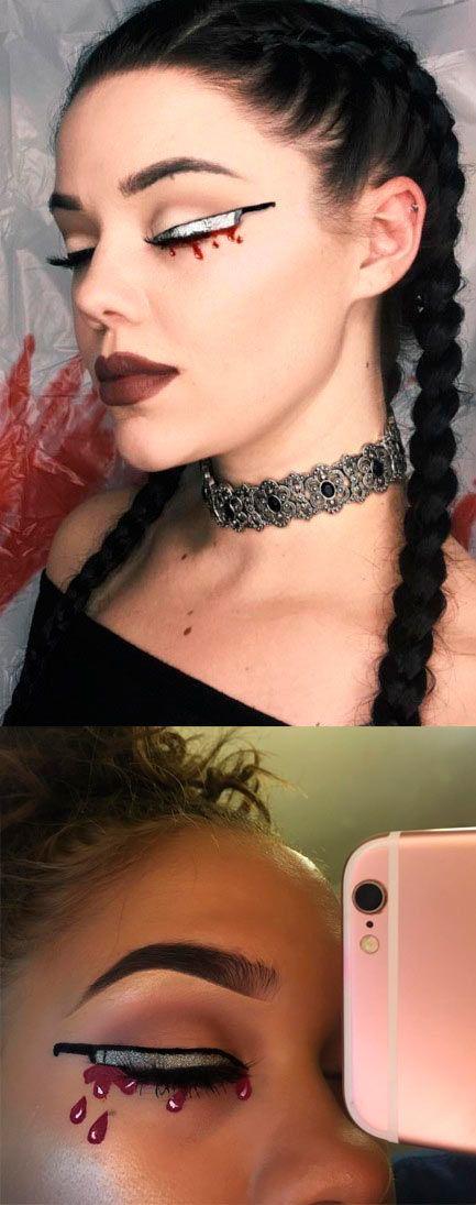 maquillaje original para disfraz de halloween dibujando un cuchillo en el eyeliner