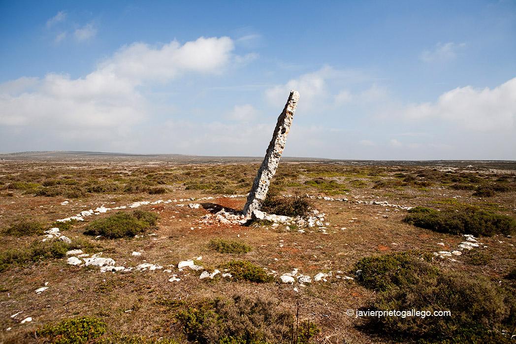El menhir de Canto Hito despunta sobre la horizontalidad apabullante del Páramo de La Lora de Valdivia. Ruta geológica señalizada "La Memoria del Páramo". Reserva Geológica de Las Loras. Espacio Natural de Covalagua. Palencia. España. © Javier Prieto Gallego;