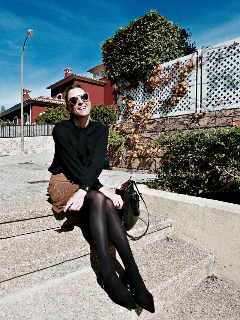 Doeskin Skirt With Black Blouse paula casielles 2