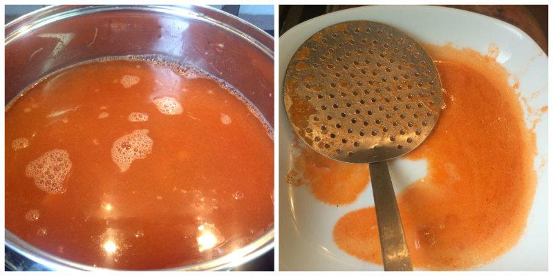 Desespumando el fumet de gambas