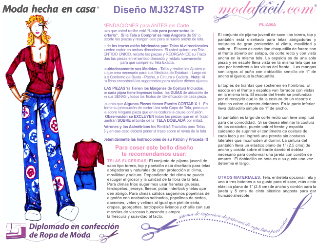 Descarga gratis los moldes del conjunto de pijama juvenil de saco tipo torera, top y pantalón