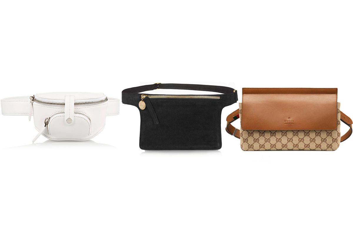 De izquiera a derecha: riñonera blanca de piel Alexanger Wang, rñonera de Clare V. y riñonera Gucci/ Imagen Harpers Bazaar