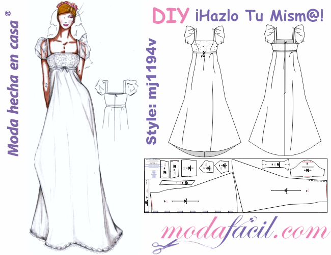 Descarga gratis los moldes de precioso traje de novia de corte imperio o vestido de fiesta disponible en 10 tallas listas para cortar