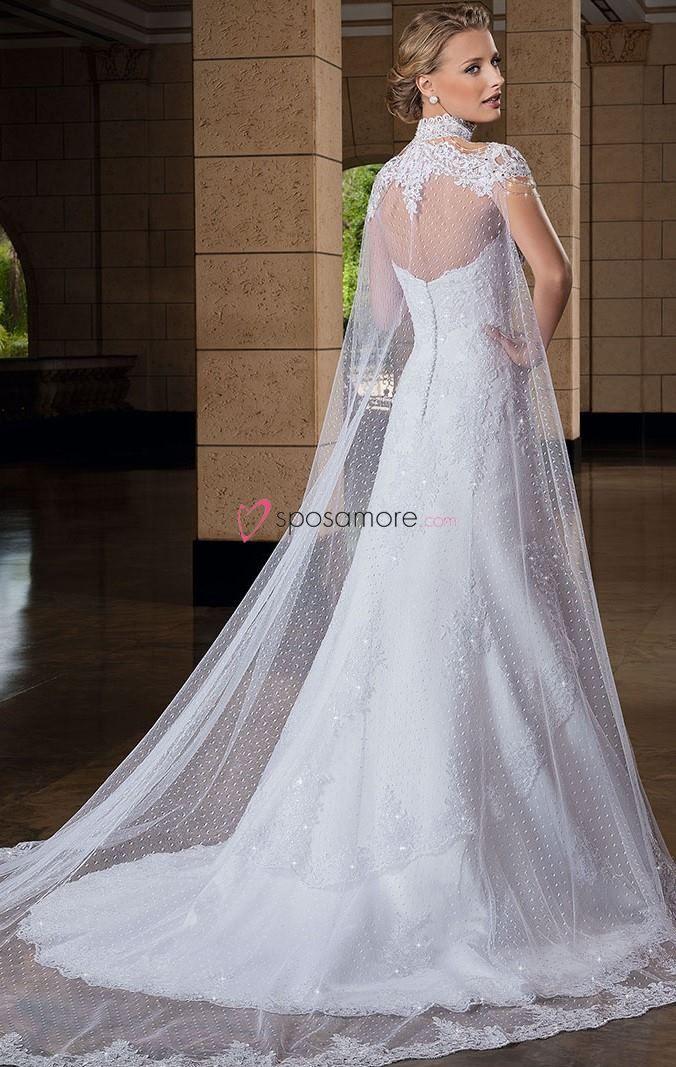 FABIOLA - abito da sposa con mantellina in tulle,raso e pizzo,scollo a cuore,strascico corto