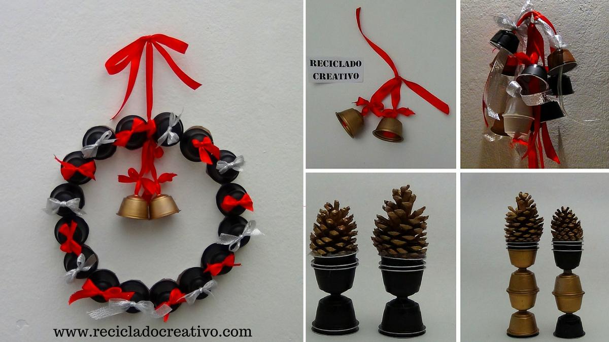 Decoraciones navideñas con cápsulas de café Dolce Gusto Una corona, un centro de mesa, unas campanillas, decoraciones para el árbol, portavelas y candelabros.