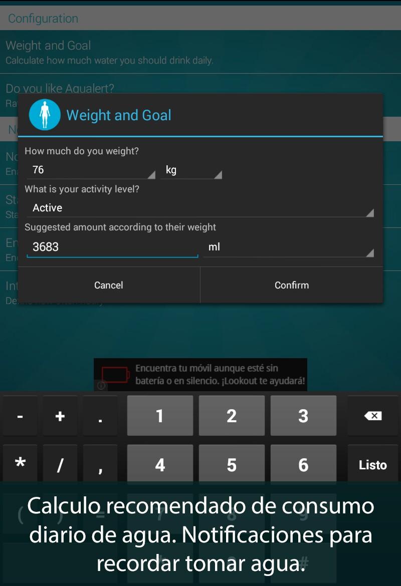 Aqualert parámetros de peso