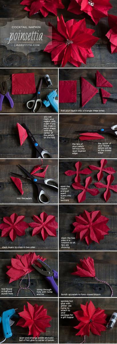 Paper Poinsettia Tutorial - by Lia Griffith -- http://liagriffith.com/make-a-paper-poinsettia-from-a-cocktail-napkin/: 