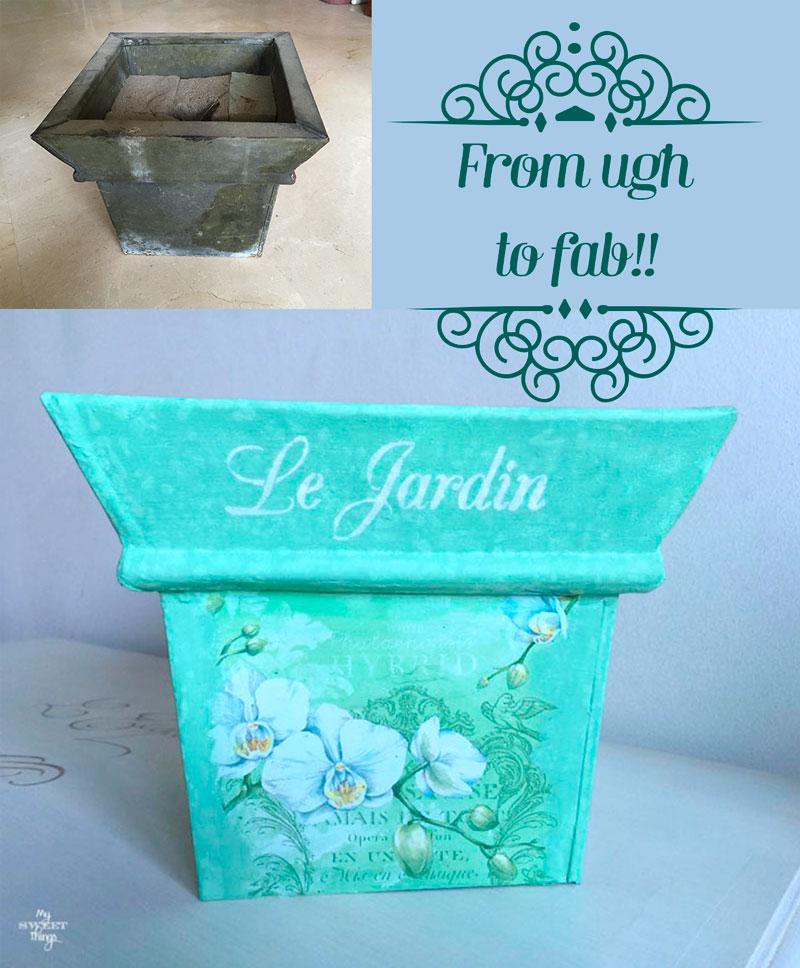 Tuneo de un macetero oxidado usando pintura y servilletas, con la técnica del decoupage y un stencil | Via www.sweethings.net