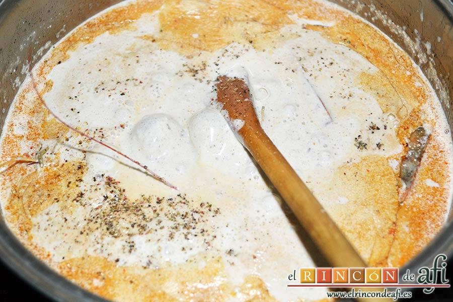 Estofado de setas y gambones, cuando hierva, salpimentar