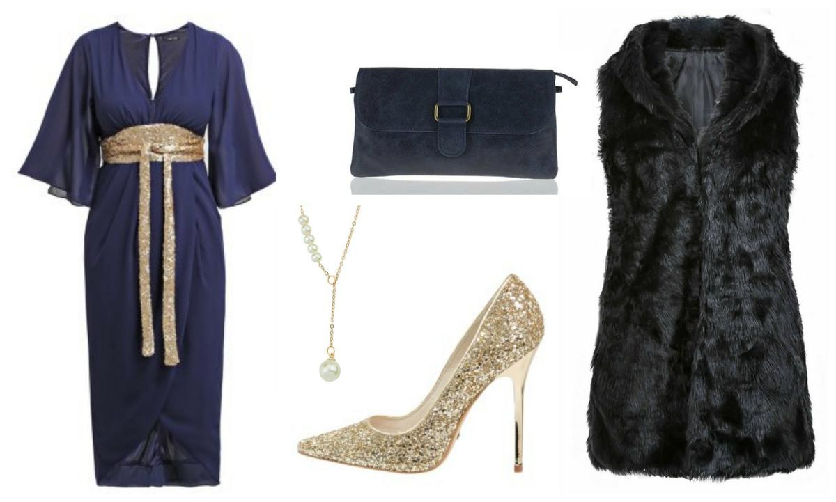 look de fiesta azul y dorado