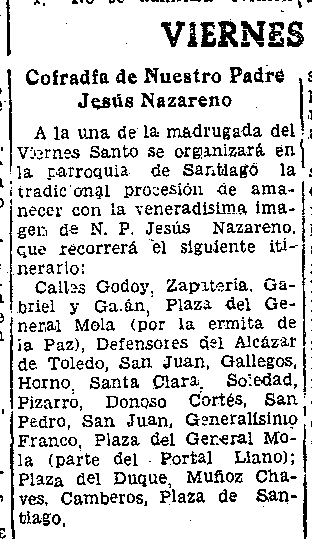 Recorrido de la procesión de la madrugada de 1943 (Cáceres)