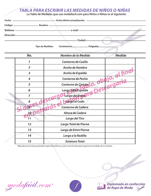 Imagen de las plantillas para registrar las medidas de tu clientela para niñas y niños