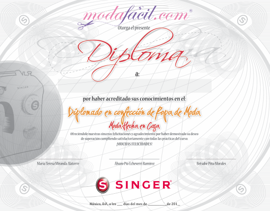 Imagen del Diploma otorgado por Modafacil.com - SINGER que te acredita como profesional de la confección de ropa