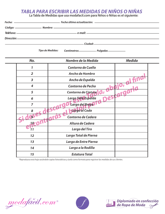 Imagen de la tabla de escritura de cómo tomar las medidas para coser ropa de niñas y niños