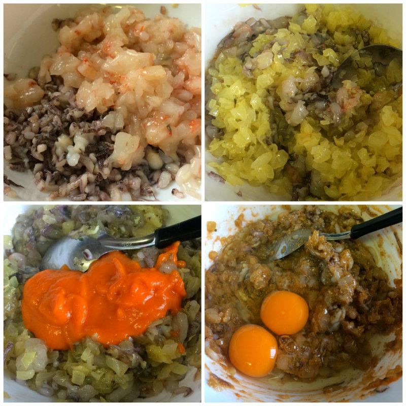 preparando el relleno para los calamares