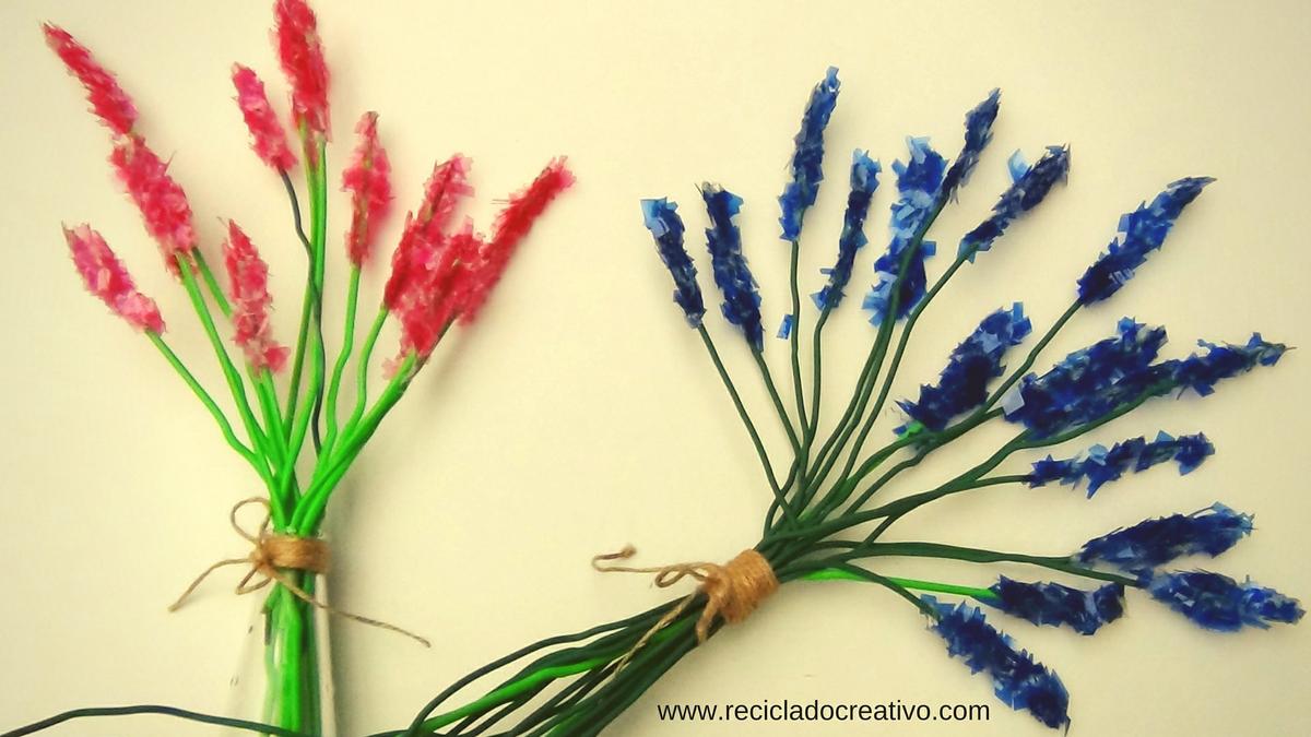 Flores Espigas de Lavanda hechas reciclando botellas de plástico pet
