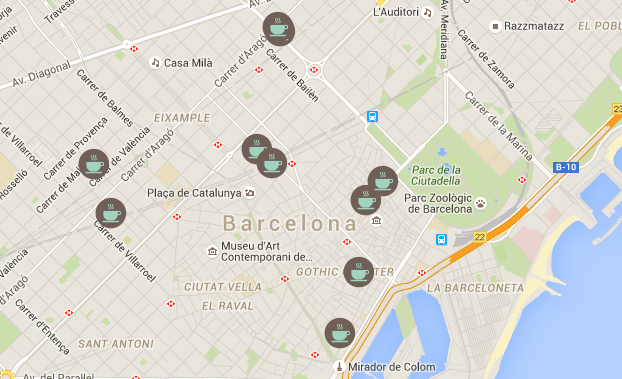 Mapa de cafeterias con Wi-Fi donde trabajar en Barcelona