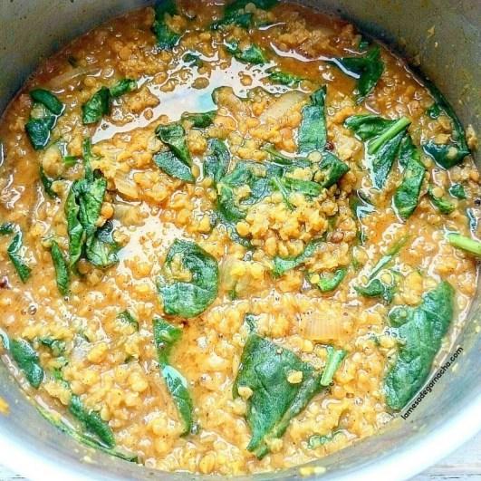 Una vez apagado el fuego, añadimos las hojas de espinacas y tapamos la olla durante unos minutos. Las espinacas se cocinarán solas con el calor de las lentejas. 