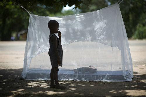 niño africano junto a mosquitero por la malaria