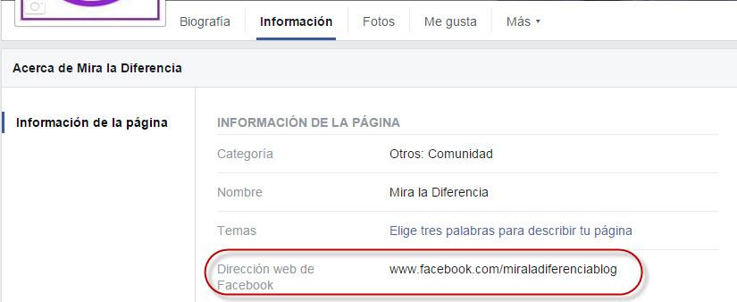 Especificar Dirección web de Facebook
