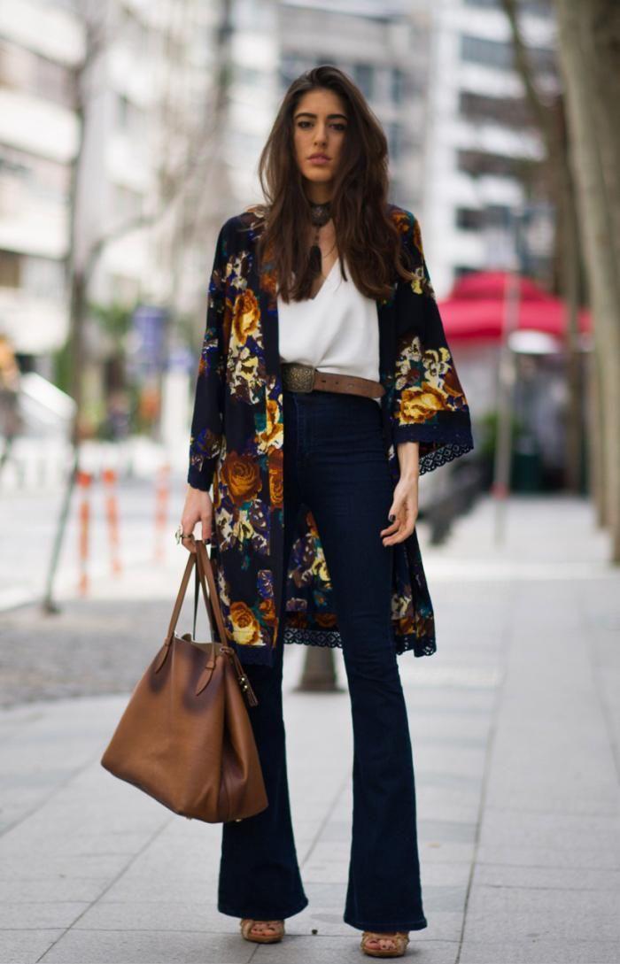 26 Ways to Style a Kimono for Spring - colorful kimono styled with belted high-waisted flares, a white blouse, and brown leather boho bag: 