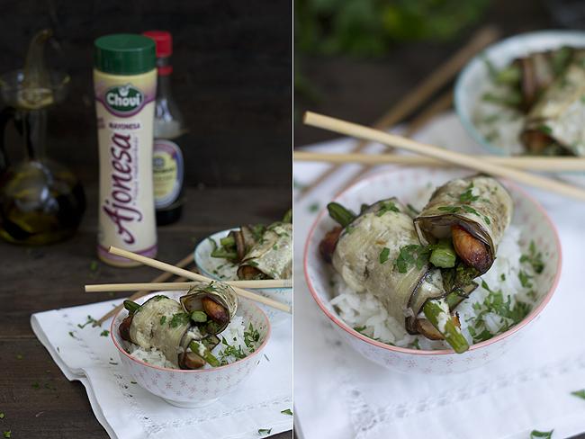 rollitos de berenjena y gambas