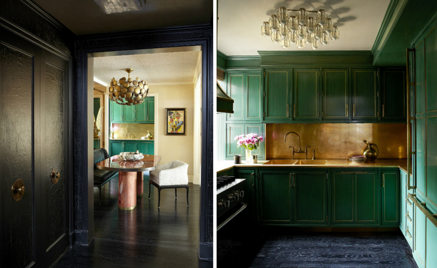 LA ENTRADA: El efecto texturizado de las puertas pintadas en negro con los manillares estilo chinoiserie resulta ... Además, los vanos de las puertas de acceso al salón/comedor y la de la cocina son amplias y sin puertas: muy cómodo. LA COCINA: El color verde de los armarios es todo un acierto ya que contrastado con el color negro del suelo resulta dramático, pero lo que acaba de impactar el conjunto es el tono dorado de la encimera y antepecho: ¡eso si es Hollywood! La cocina propiamente dicha es la clásica americana de la firma Viking (está a la izquierda en la segunda foto aunque se ve poco)