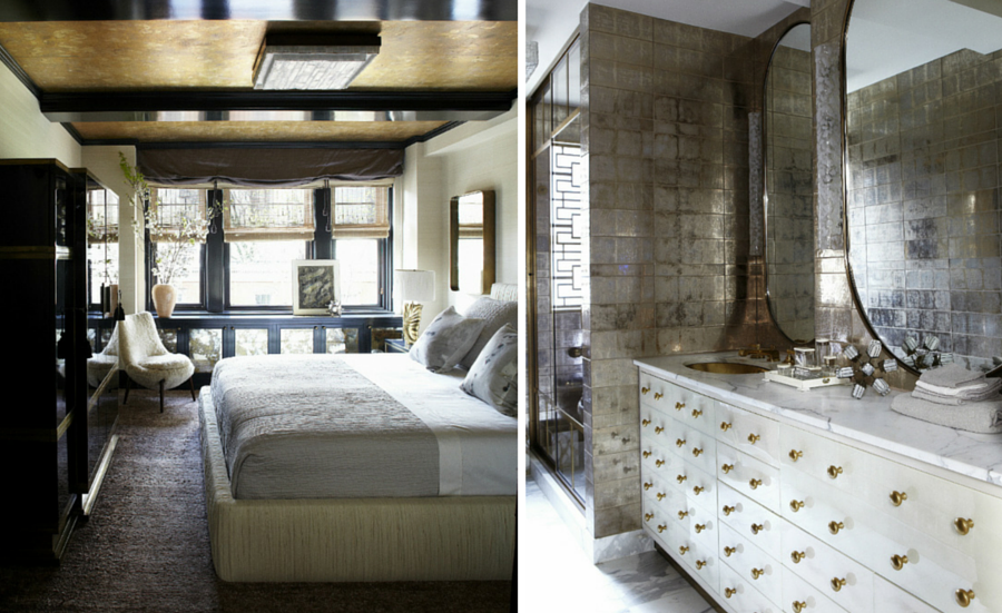 DORMITORIO PRINCIPAL: Dorado y gris, sofisticación y tranquilidad para un buen reposo. Como en USA no hay persianas, el doble estor cumple el cometido de versión día (en la foto) y versión noche, al bajar el estor con foscurit. Mueble lacado en negro, de estilo asiático. La butaca es francesa de los años 50. Ropa de cama de la firma de lujo Frette y papel pintado de paredes y techo, así como la alfombra son de las mismas firmas que ya señalé en el salón.  BAÑO PRINCIPAL: El mueble bajolavabo es una preciosidad, aunque no se si recordará qué ha puesto en cada cajón. Aunque tiene iluminación natural, los destellos se multiplican por las baldosas de Ann Sacks metalizadas, y por todos los detalles dorados como son los pomos, los marcos de los espejos y el marco de la ducha. El lavabo es de Waterworks. 