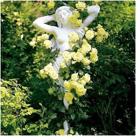 figura con rosas en jardin