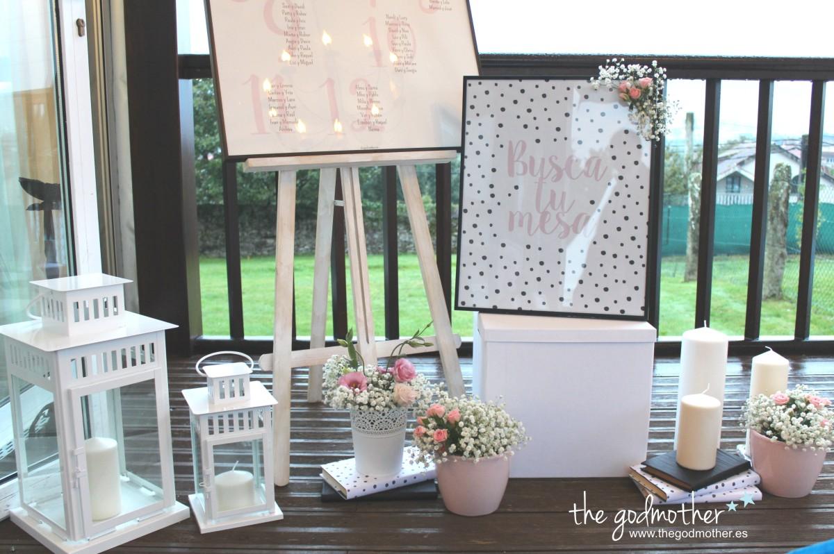 decoración boda blanco, rosa y negro - seating plan shabby chic