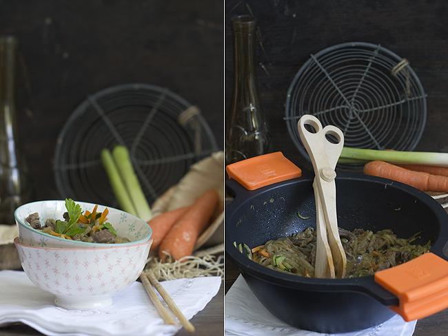 wok de verduras y ternea collage