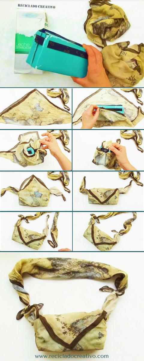 Infographic Bolso con dos foulards y un brick de cartón de leche. Bolsito fardo sofisticado