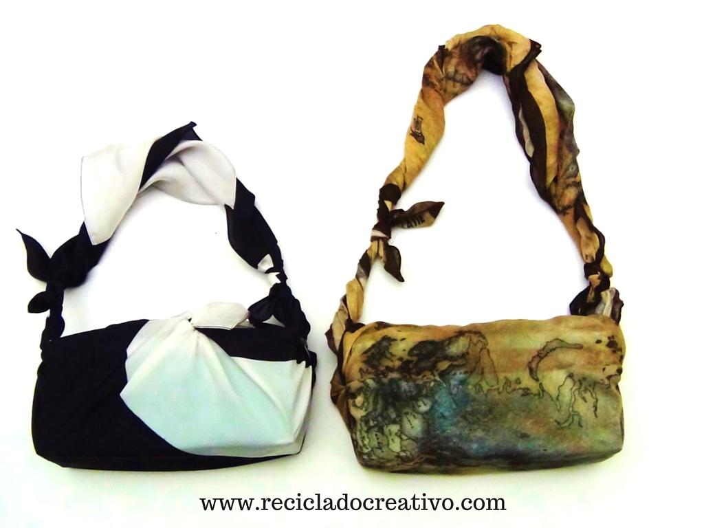 Bolso con dos foulards y un brick de cartón de leche. Bolsito fardo sofisticado