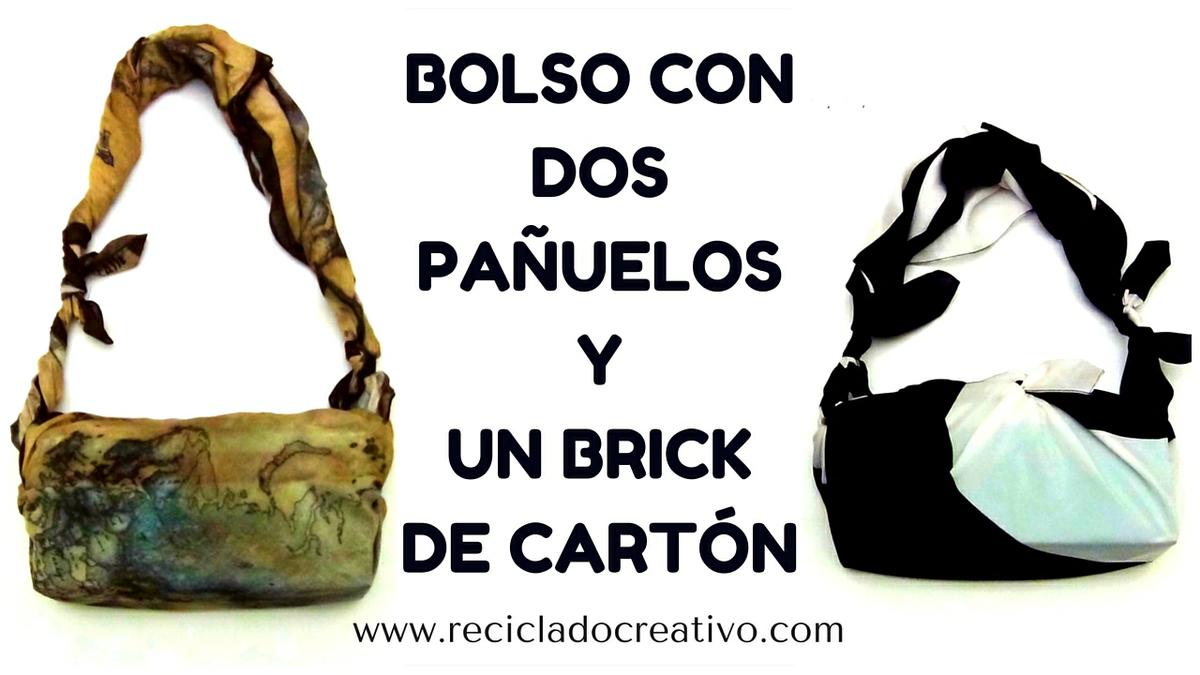 Bolso con dos foulards y un brick de cartón de leche. Bolsito fardo sofisticado