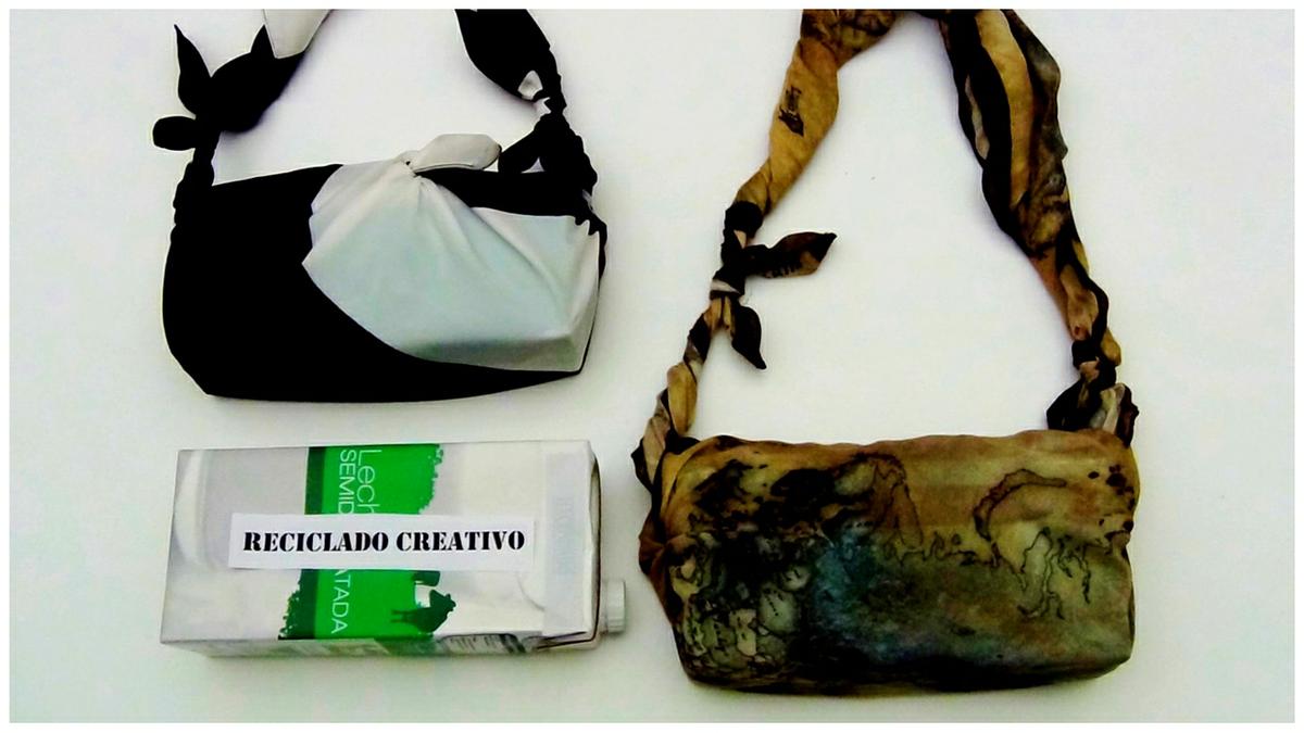 Bolso con dos foulards y un brick de cartón de leche. Bolsito fardo sofisticado