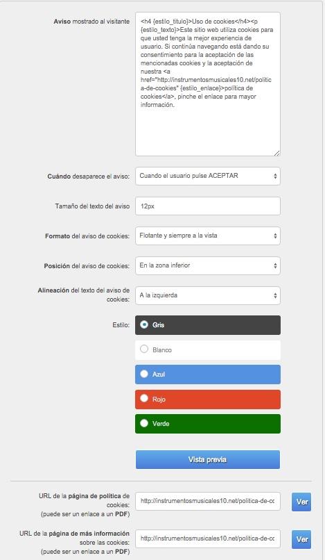 configuracion Plugin de Cookies