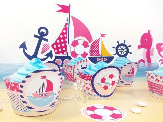 cupcakes y decoraciones para imprimir estilo náutico rosa