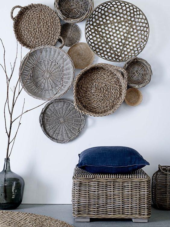 Composición de cestas para decorar pared en mimbre y rattan