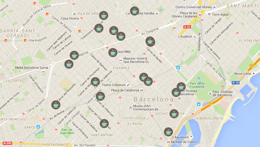 mapa cafeterias con encanto en Barcelona