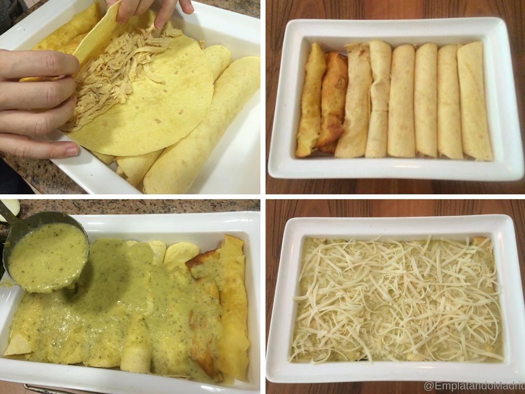 Enrollamos las enchiladas con el pollo y las napamos con la salsa.