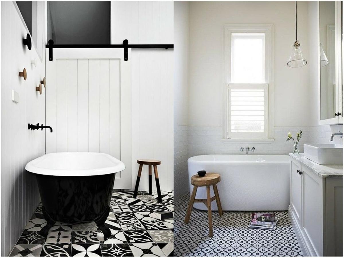 baño en blanco con baldosas hidráulicas