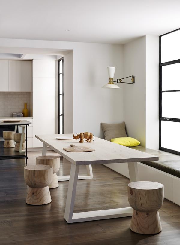 MARK TUCKEY home new ‘Locator’ table in light lime with white legs, and eggcup stools in radiata pine. 