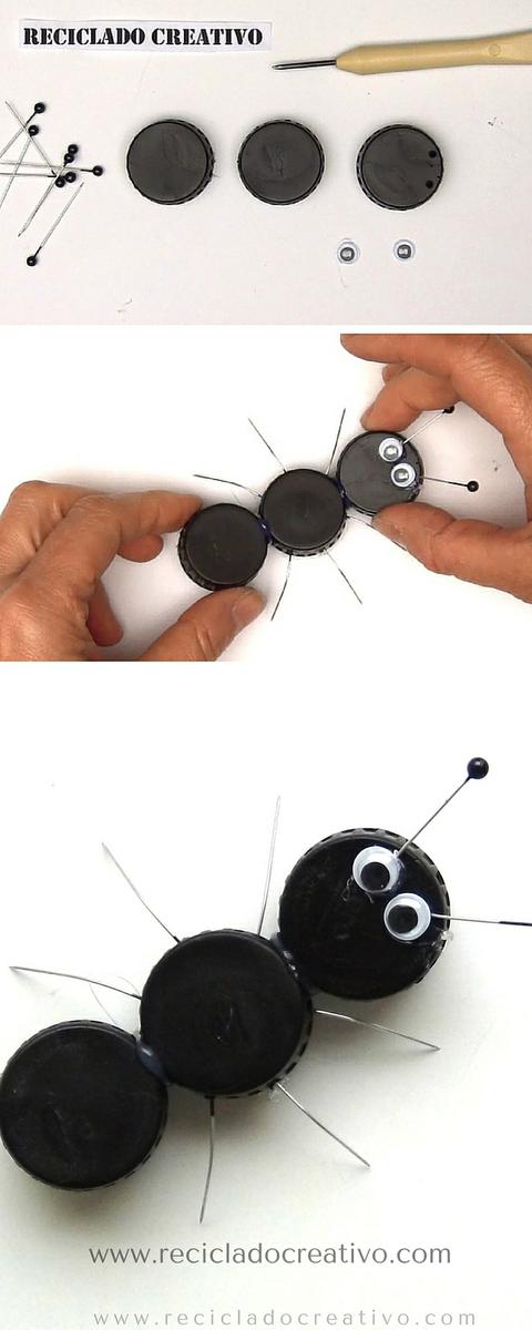Hormiga y animales con tapones de botellas reciclados