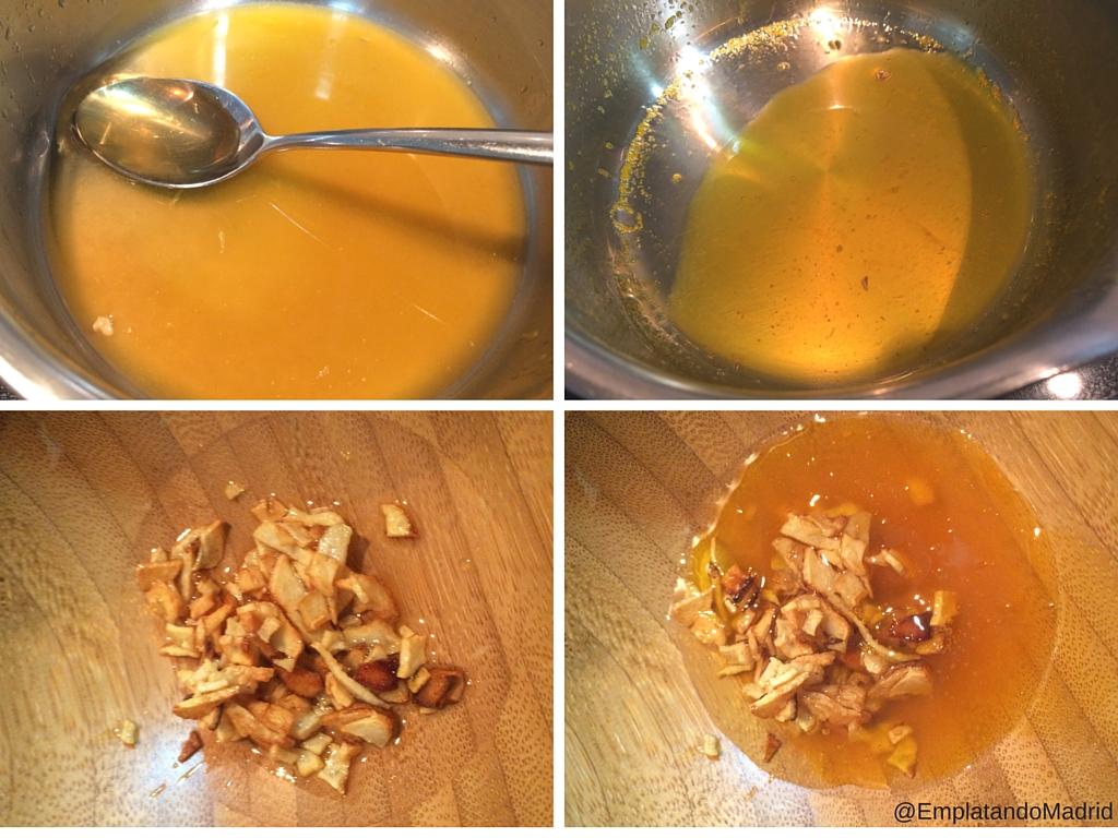 Hacemos la reducción de naranja y tostamos el ajo